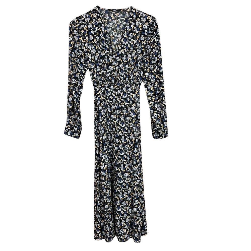 Uniqlo Floral Printed V-Neck Long Sleeve Flare Dress Womens Size Small S - Picture 2 of 9